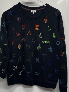 KENZO Paris Multicolor Symbols All-Over Embroidered Pullover Sweatshirt Black XS